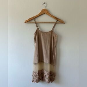 Taupe, lace trim, sheer inset, spaghetti strap, long tank